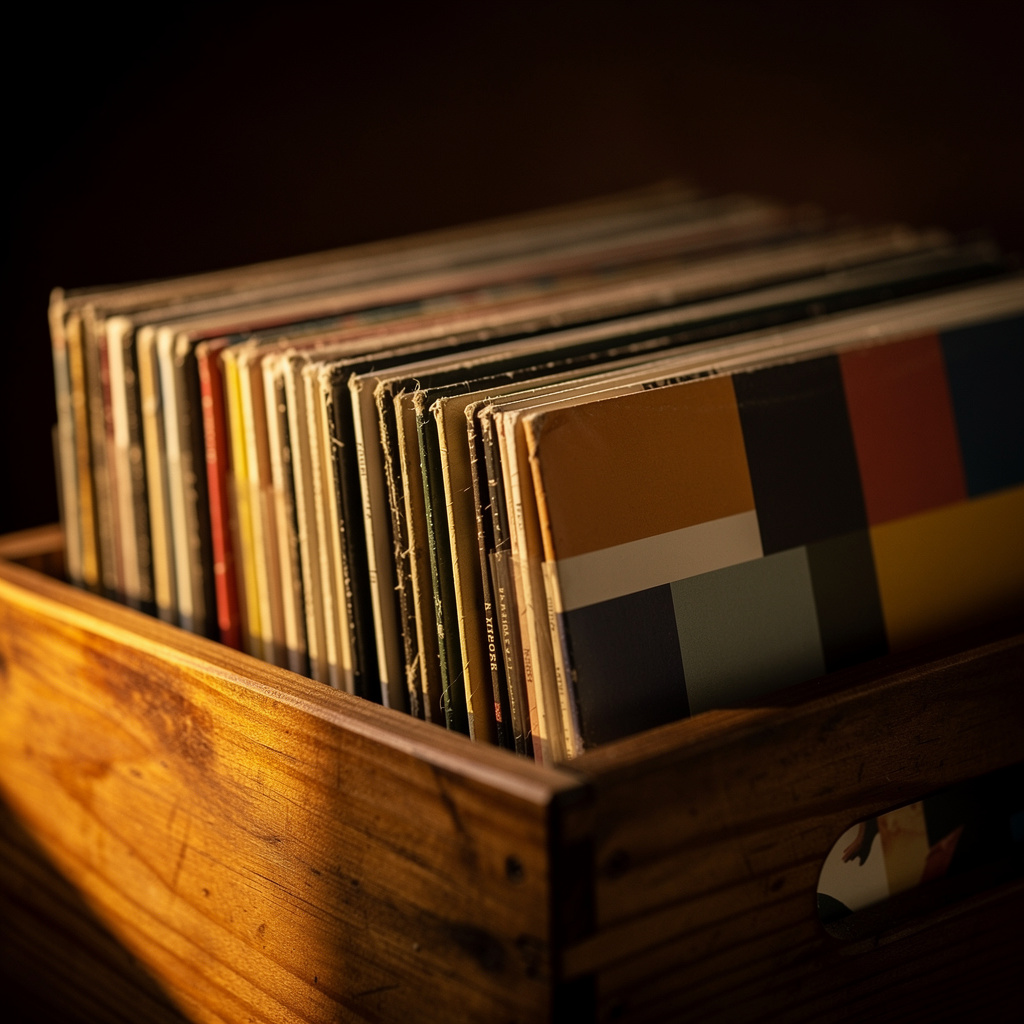 Colección de vinilos en un crate